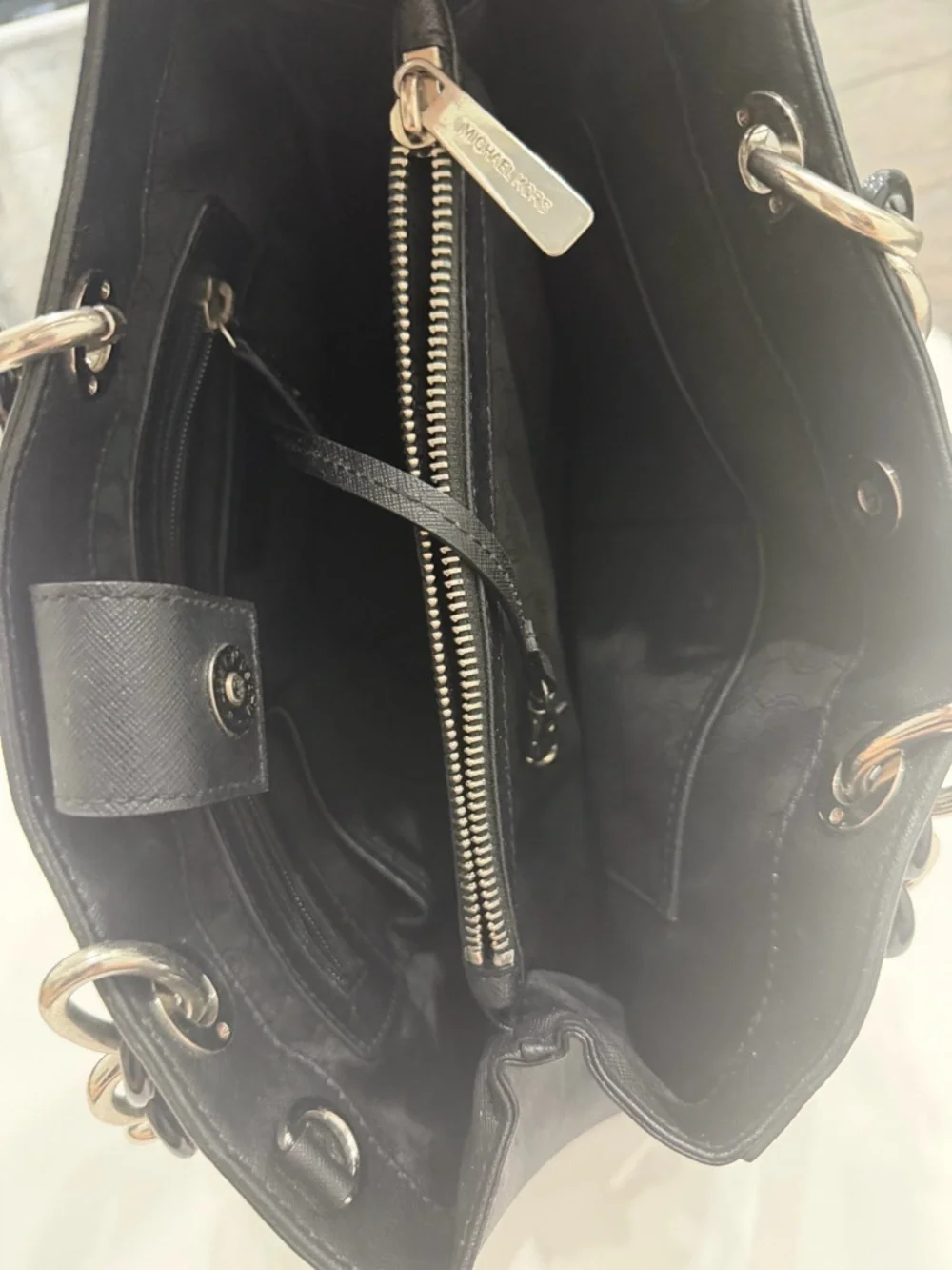 MICHAEL KORS Black Tote Shoulder Bag Silver Chain Strap MK Charm Classic